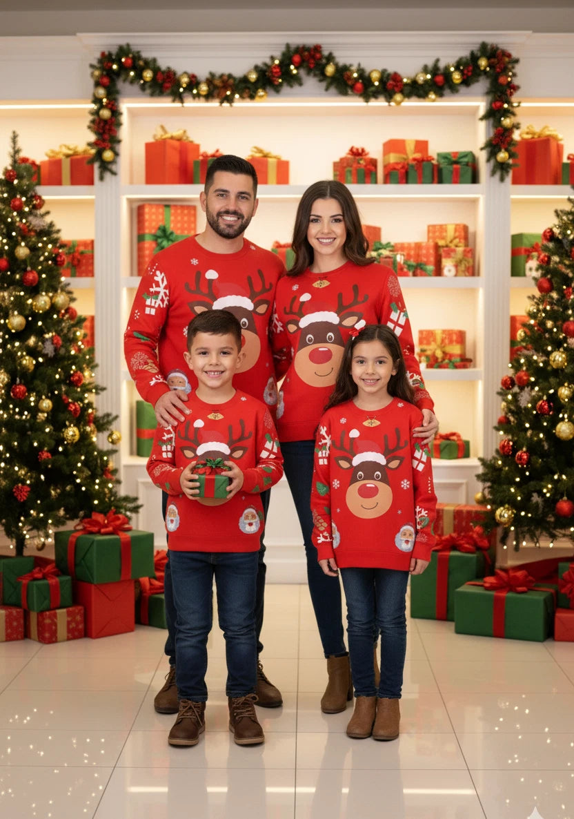 Festive Red Christmas Jumper - Reindeer & Santa Holiday Sweatshirt (Adults & Kids)