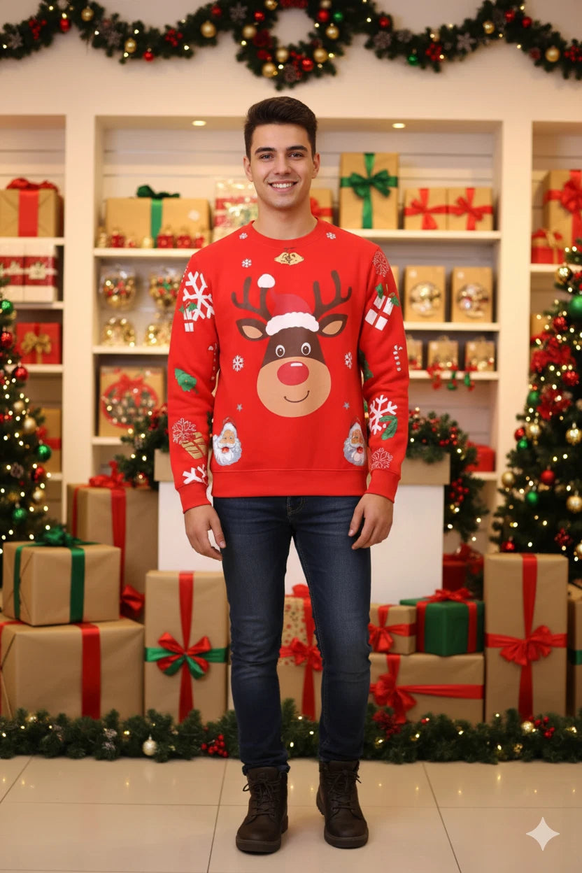 Festive Red Christmas Jumper - Reindeer & Santa Holiday Sweatshirt (Adults & Kids)