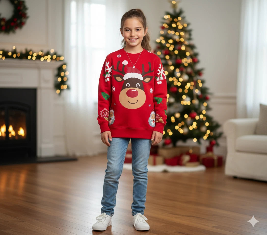 Festive Red Christmas Jumper - Reindeer & Santa Holiday Sweatshirt (Adults & Kids)