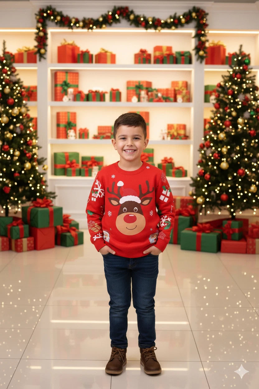 Festive Red Christmas Jumper - Reindeer & Santa Holiday Sweatshirt (Adults & Kids)