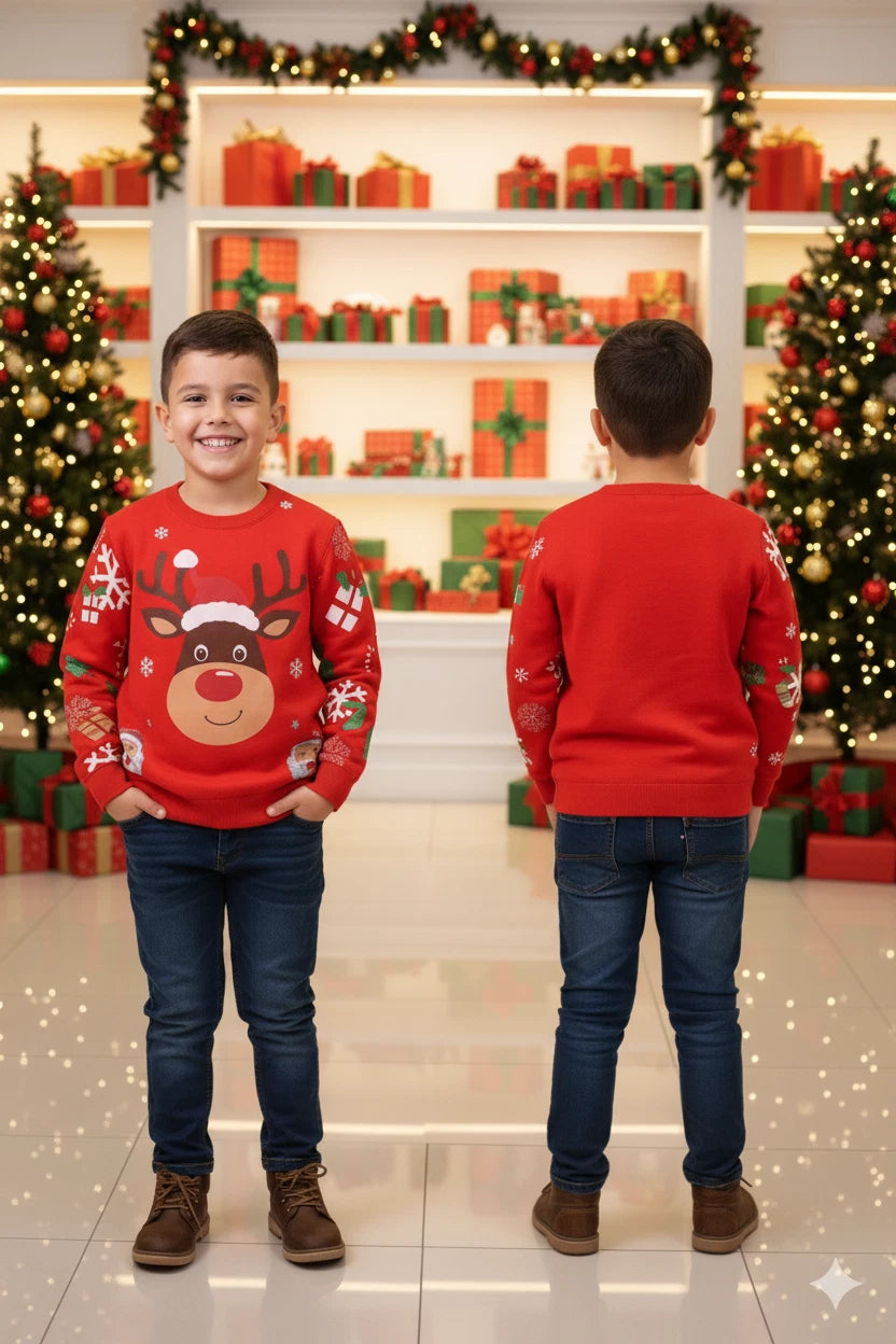 Festive Red Christmas Jumper - Reindeer & Santa Holiday Sweatshirt (Adults & Kids)